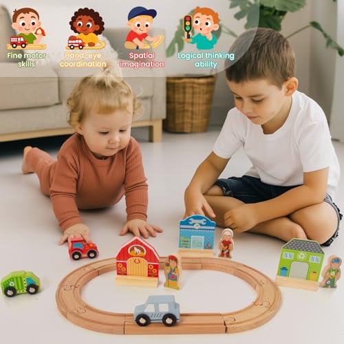 WOODENFUN Farm-Themed Wooden Train Set – Compatible with Thomas, Brio & More – Expandable Track Toy for Ages 3-5