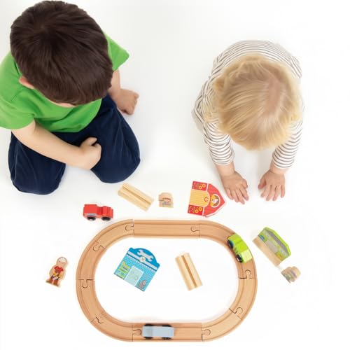 WOODENFUN Farm-Themed Wooden Train Set – Compatible with Thomas, Brio & More – Expandable Track Toy for Ages 3-5