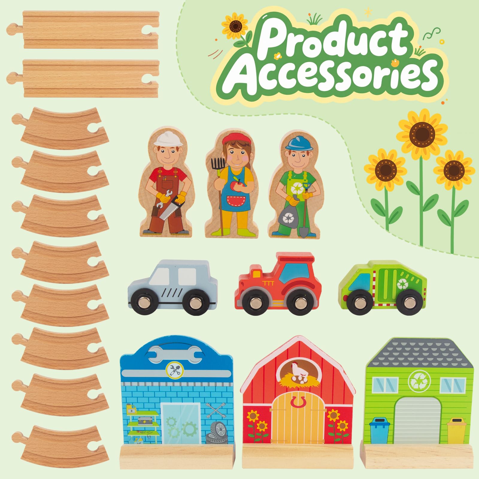 WOODENFUN Farm-Themed Wooden Train Set – Compatible with Thomas, Brio & More – Expandable Track Toy for Ages 3-5