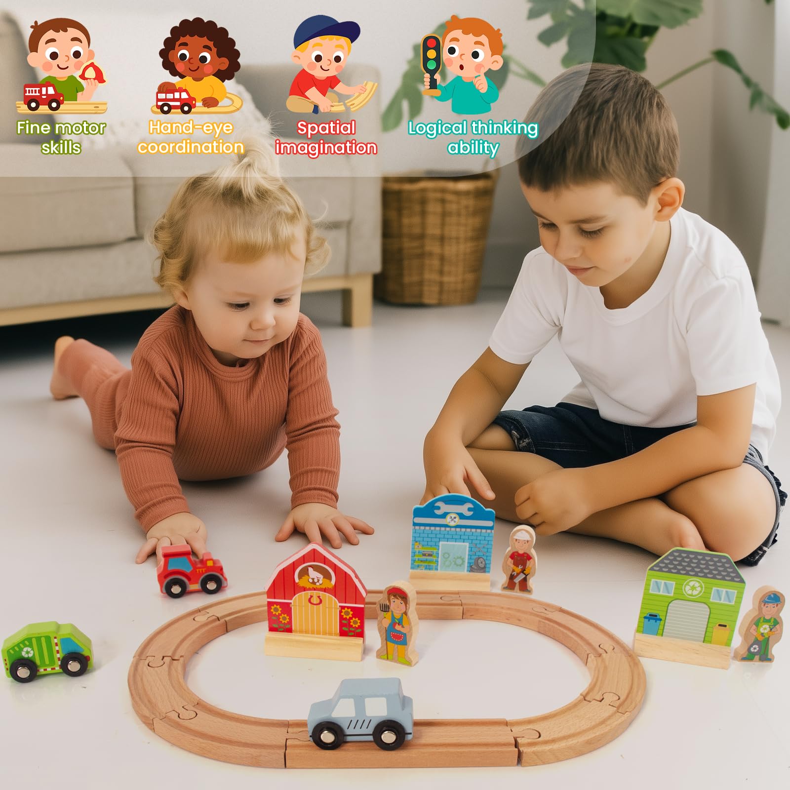 WOODENFUN Farm-Themed Wooden Train Set – Compatible with Thomas, Brio & More – Expandable Track Toy for Ages 3-5