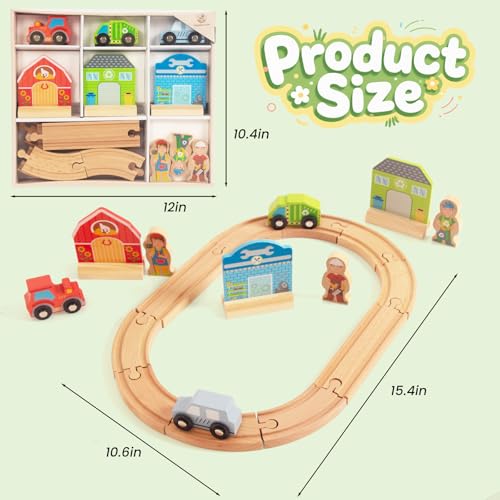 WOODENFUN Farm-Themed Wooden Train Set – Compatible with Thomas, Brio & More – Expandable Track Toy for Ages 3-5