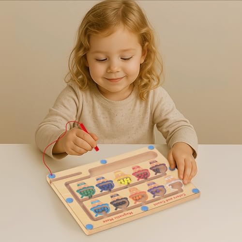 WOODENFUN Magnetic Color & Number Maze – Montessori Wooden Counting Toy for Toddlers 3-5