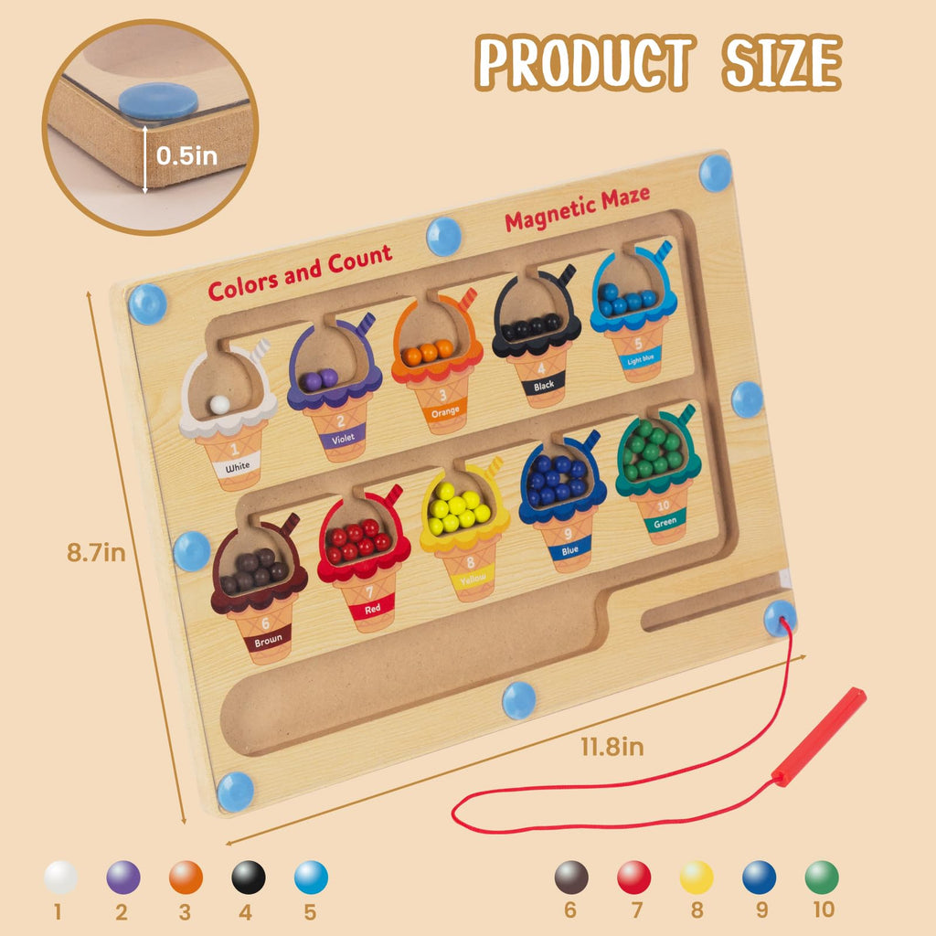 WOODENFUN Magnetic Color & Number Maze – Montessori Wooden Counting Toy for Toddlers 3-5