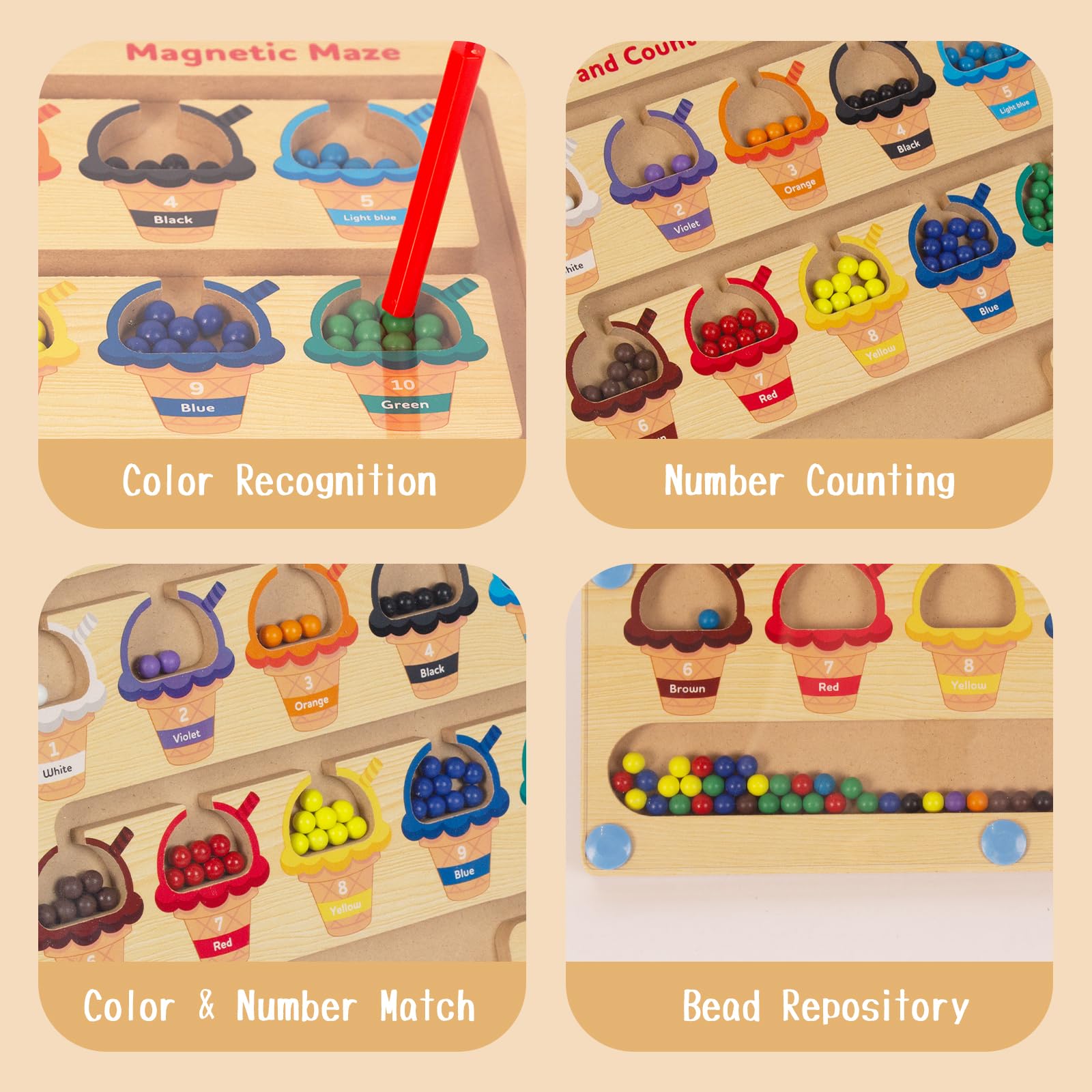 WOODENFUN Magnetic Color & Number Maze – Montessori Wooden Counting Toy for Toddlers 3-5