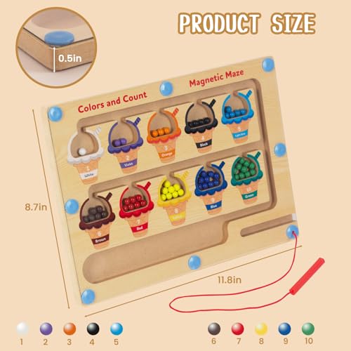 WOODENFUN Magnetic Color & Number Maze – Montessori Wooden Counting Toy for Toddlers 3-5
