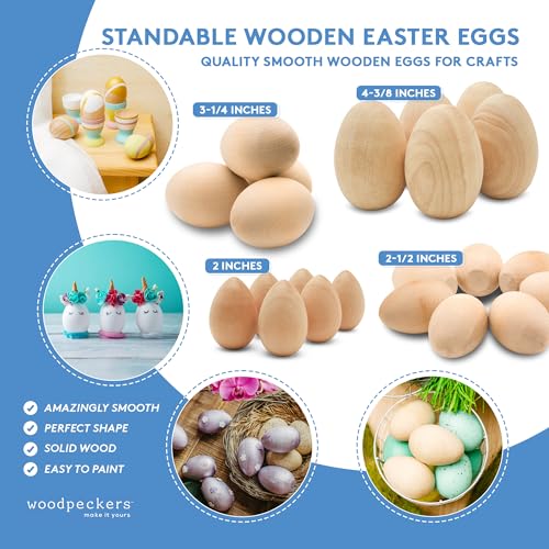 Woodpeckers Wooden Eggs for Painting - Pack of 2 Smooth Standable 4-3/8 Inch Craft Eggs