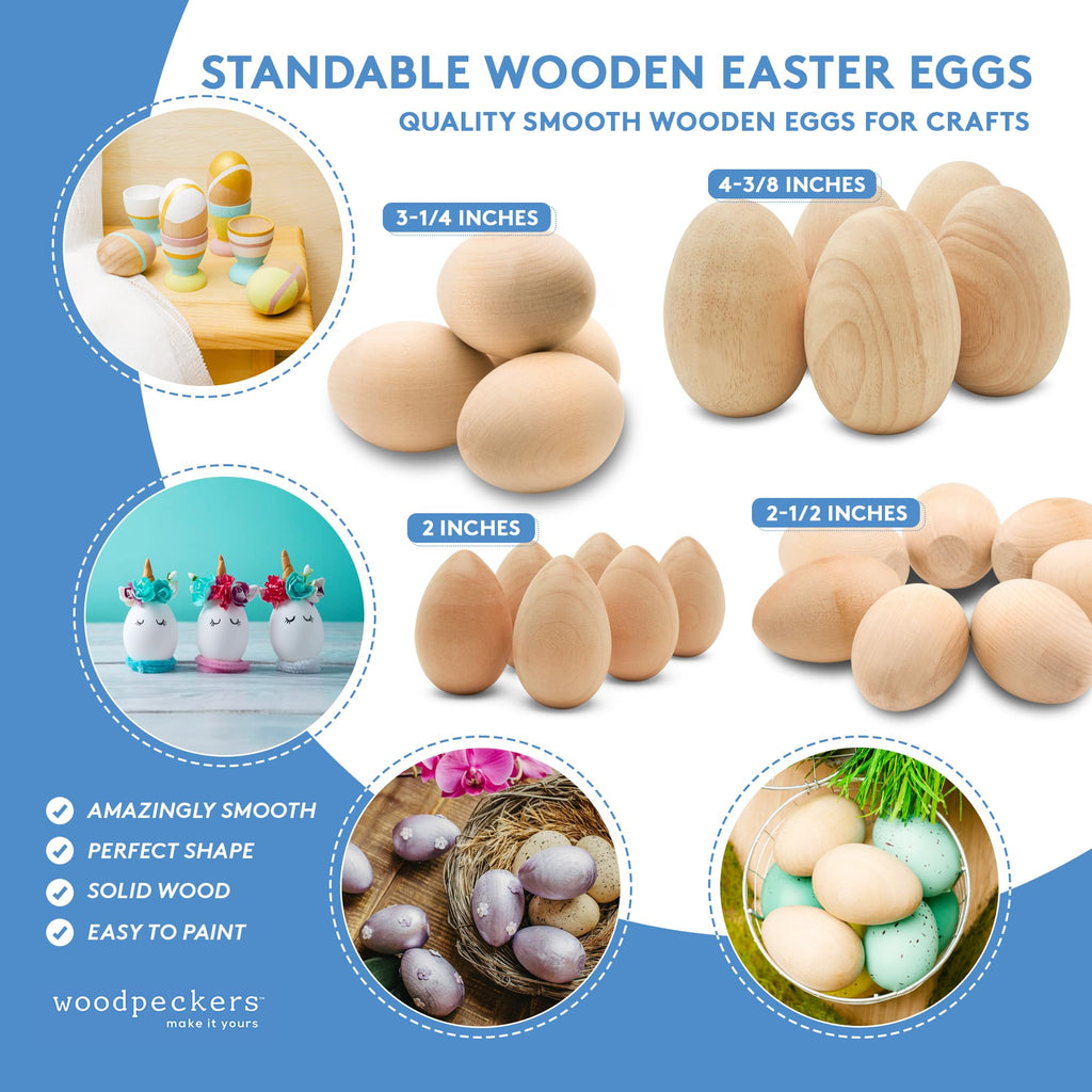 Woodpeckers Wooden Eggs for Painting - Pack of 2 Smooth Standable 4-3/8 Inch Craft Eggs