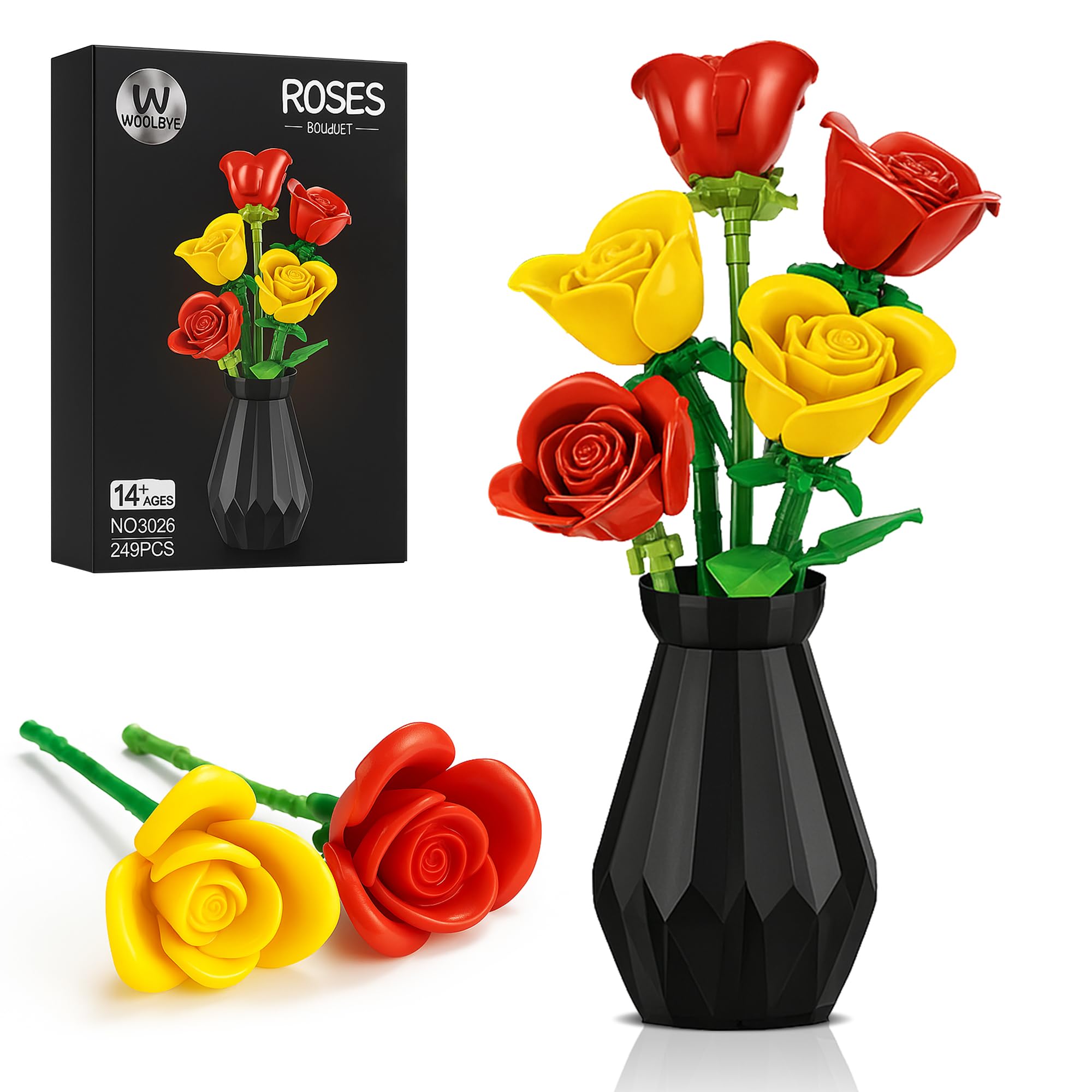 Woolbye Flower Building Set – Lego-Compatible Roses Bouquet with Vase, Everlasting Home & Office Décor, DIY Craft Gift for Adults