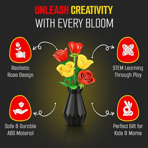 Woolbye Flower Building Set – Lego-Compatible Roses Bouquet with Vase, Everlasting Home & Office Décor, DIY Craft Gift for Adults
