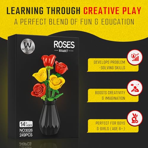 Woolbye Flower Building Set – Lego-Compatible Roses Bouquet with Vase, Everlasting Home & Office Décor, DIY Craft Gift for Adults