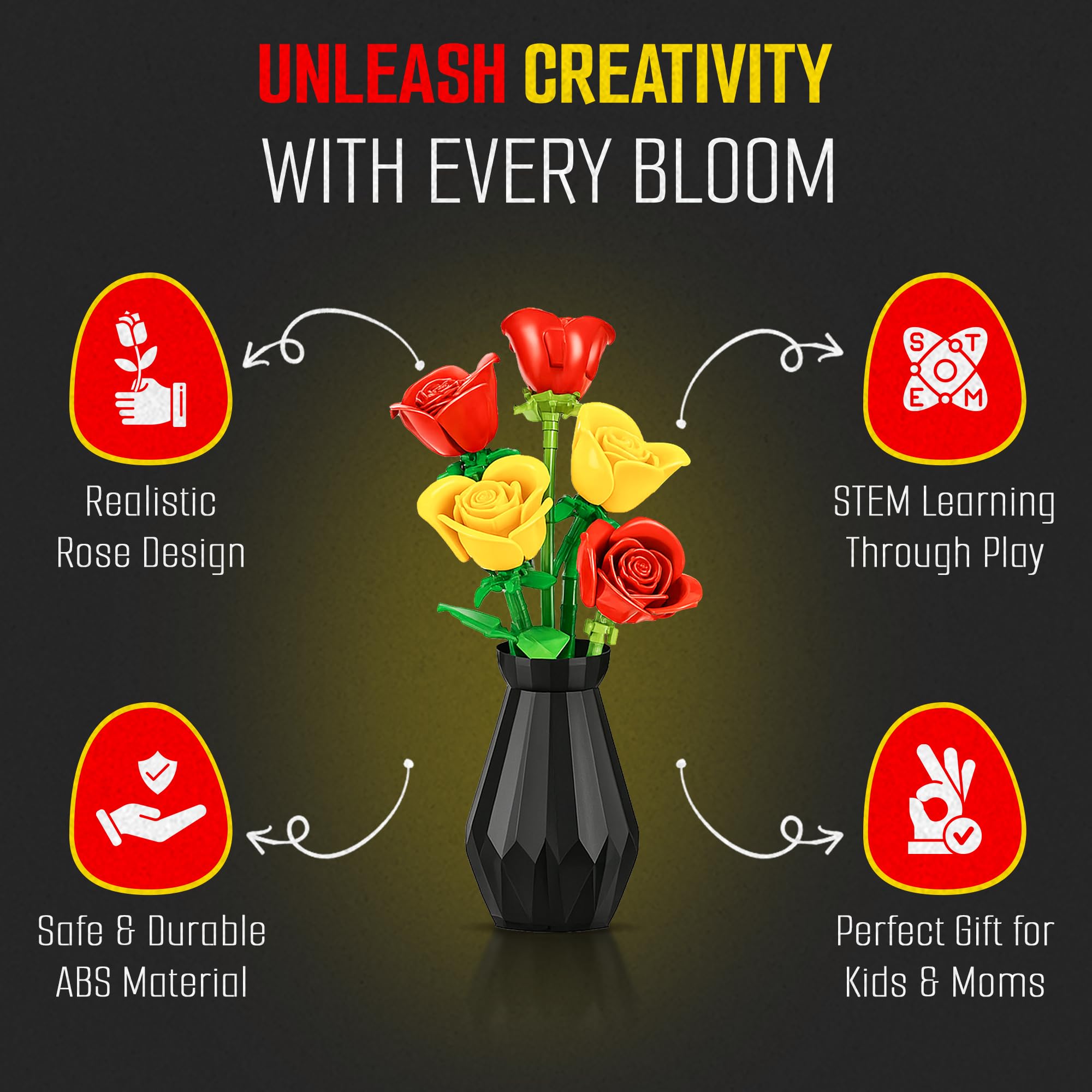 Woolbye Flower Building Set – Lego-Compatible Roses Bouquet with Vase, Everlasting Home & Office Décor, DIY Craft Gift for Adults