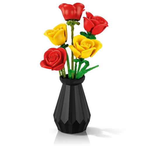 Woolbye Flower Building Set – Lego-Compatible Roses Bouquet with Vase, Everlasting Home & Office Décor, DIY Craft Gift for Adults