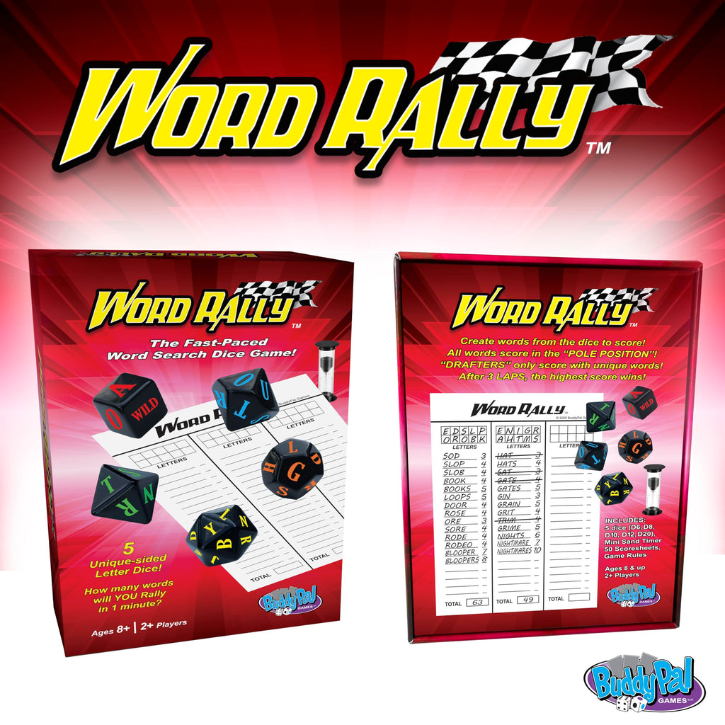 Word Rally Fast-Paced Word Building Dice Game by Buddypalgames | 5 RPG Letter Dice | Family Game Night