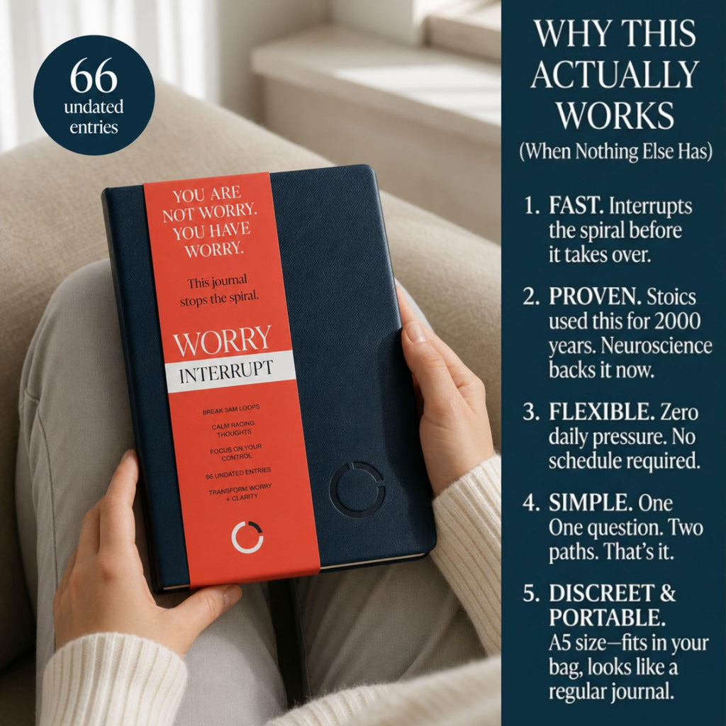 Worry Interrupt Journal – Undated Guided Anxiety Journal for Overthinkers, 66 Entries, 5-10 Minute Prompts, A5 Faux Leather, Deep Blue