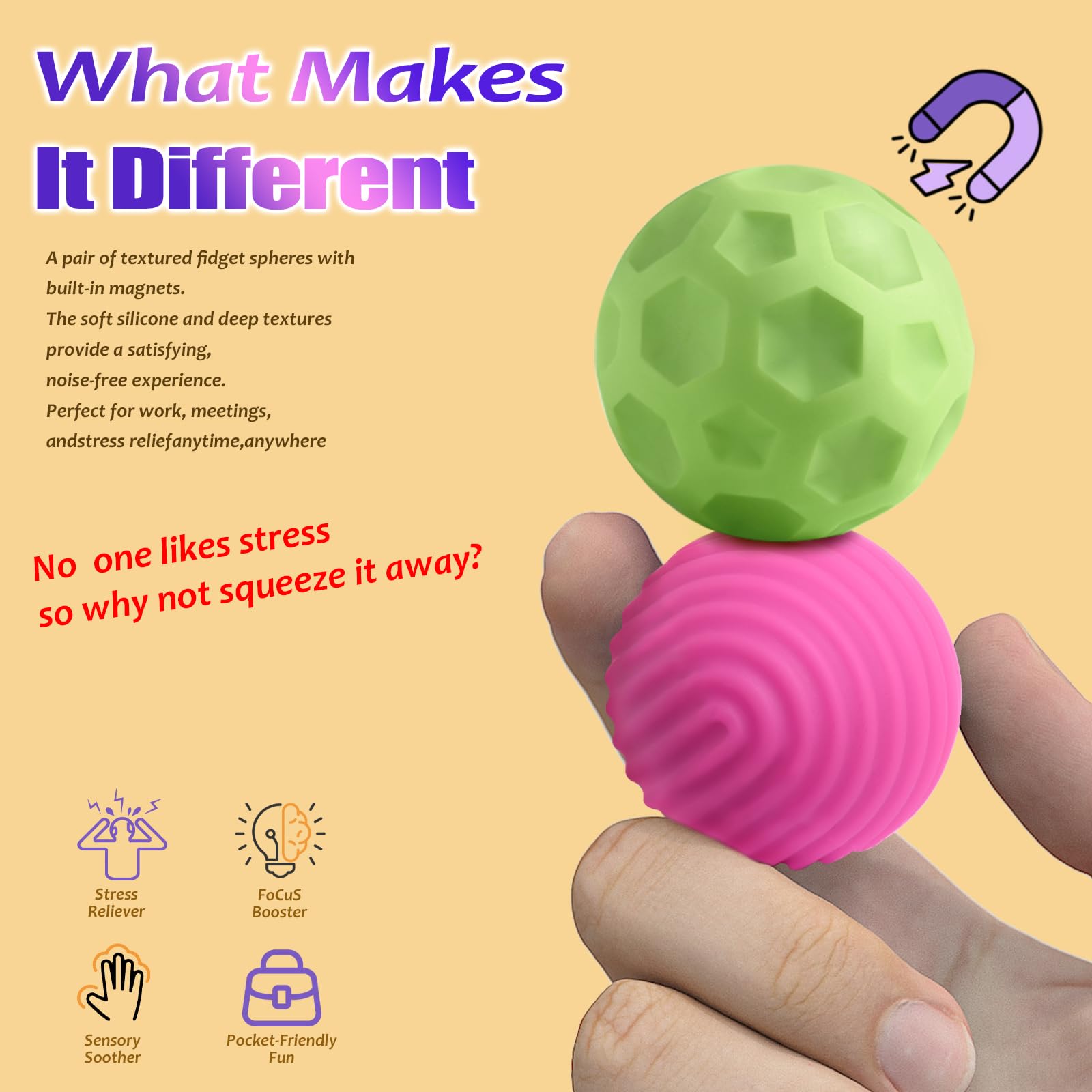 WorWoder 8-Pack Silicone Magnetic Stress Balls – Quiet Fidget Toys for Adults & Teens, Sensory Relief for Anxiety, Office Desk Toy