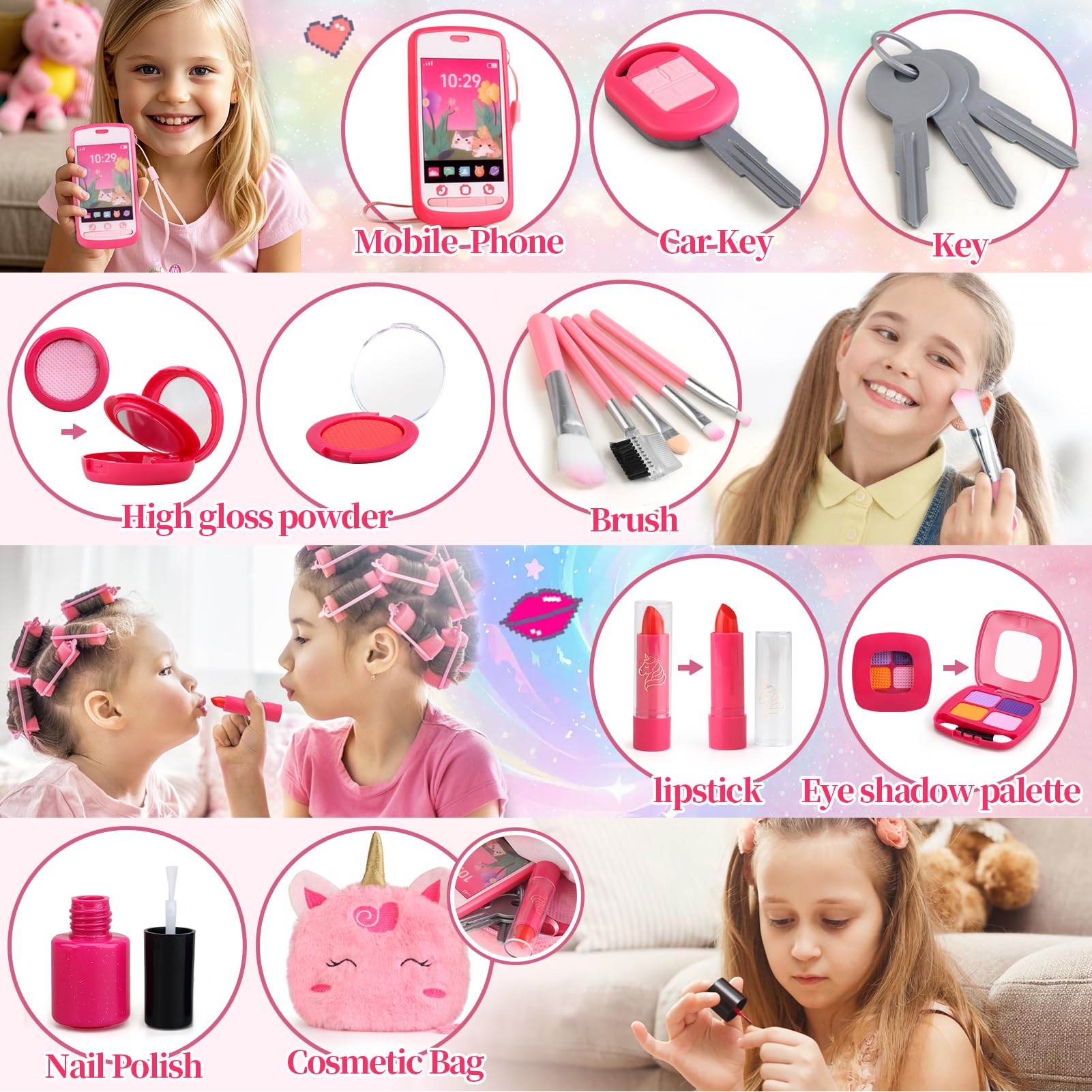 Woumserta Unicorn Pretend Makeup Set for Toddlers - Safe Play Makeup Kit for Girls Ages 3-6 with Storage Bag and Role-Play Accessories