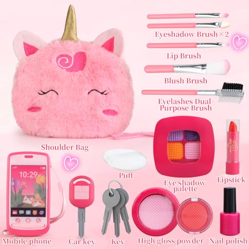 Woumserta Unicorn Pretend Makeup Set for Toddlers - Safe Play Makeup Kit for Girls Ages 3-6 with Storage Bag and Role-Play Accessories