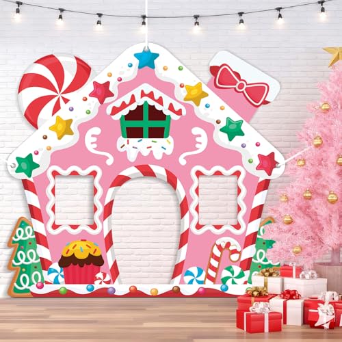 WovWeave Life-Size Pink Gingerbread House Backdrop – 65x71 Inch Christmas Decoration for Indoor/Outdoor