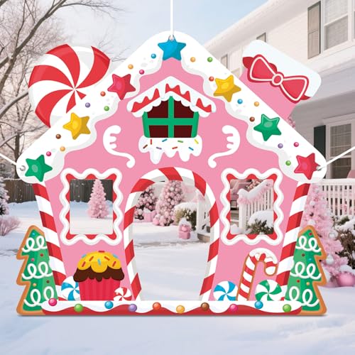 WovWeave Life-Size Pink Gingerbread House Backdrop – 65x71 Inch Christmas Decoration for Indoor/Outdoor