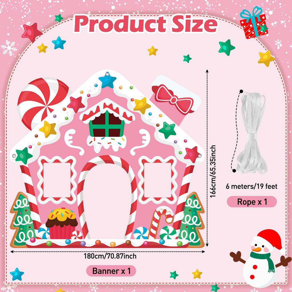 WovWeave Life-Size Pink Gingerbread House Backdrop – 65x71 Inch Christmas Decoration for Indoor/Outdoor