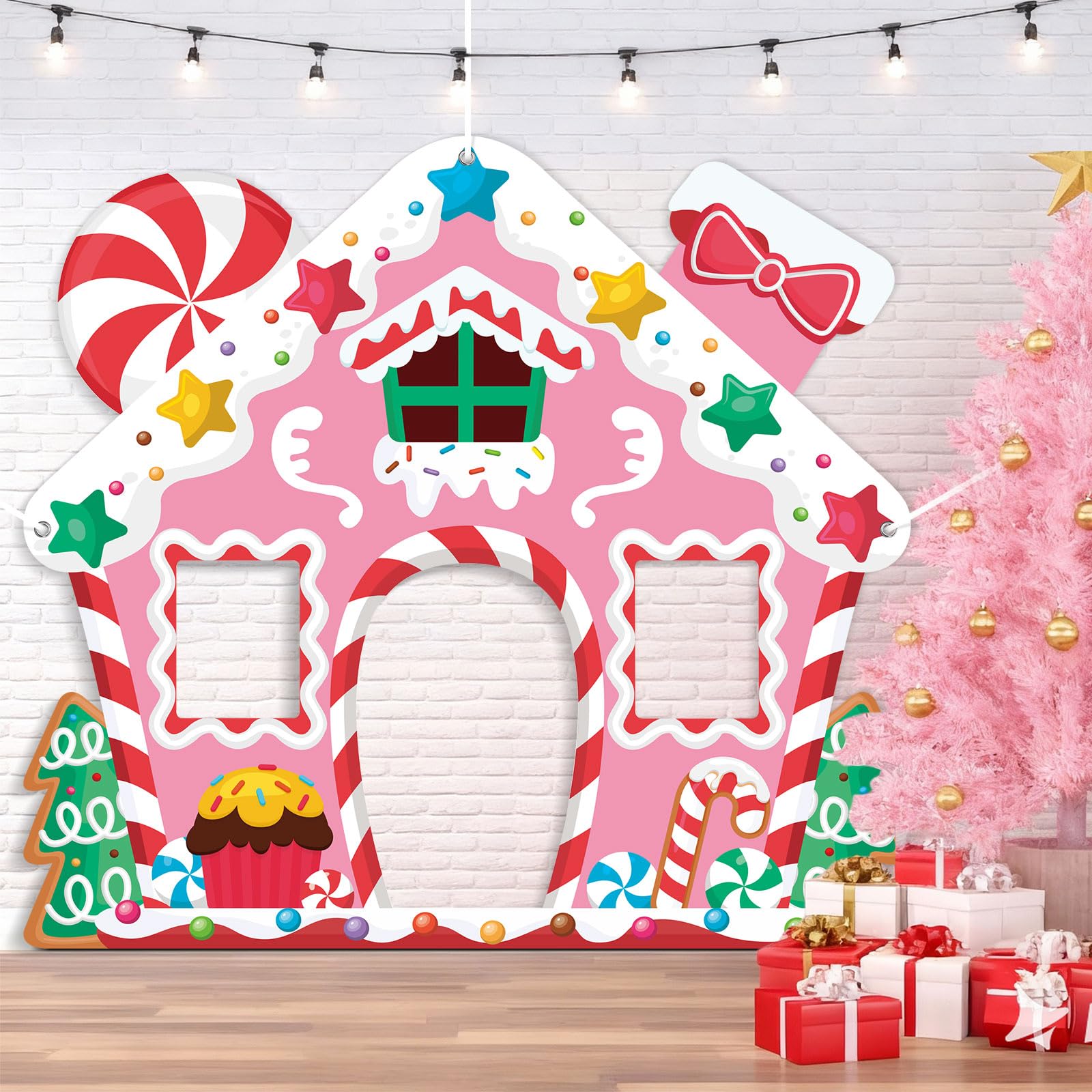WovWeave Life-Size Pink Gingerbread House Backdrop – 65x71 Inch Christmas Decoration for Indoor/Outdoor