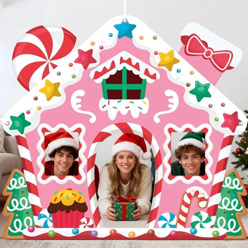 WovWeave Life-Size Pink Gingerbread House Backdrop – 65x71 Inch Christmas Decoration for Indoor/Outdoor