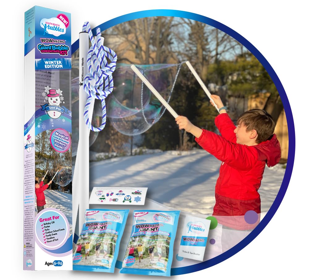 WOWMAZING Giant Bubble Kit Winter – 2 Handles, 8 Cold-Activated Stickers, USA Made Solution for Outdoor Fun