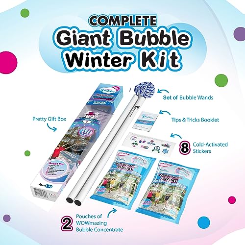 WOWMAZING Giant Bubble Kit Winter – 2 Handles, 8 Cold-Activated Stickers, USA Made Solution for Outdoor Fun