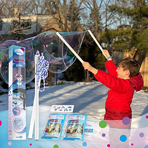 WOWMAZING Giant Bubble Kit Winter – 2 Handles, 8 Cold-Activated Stickers, USA Made Solution for Outdoor Fun