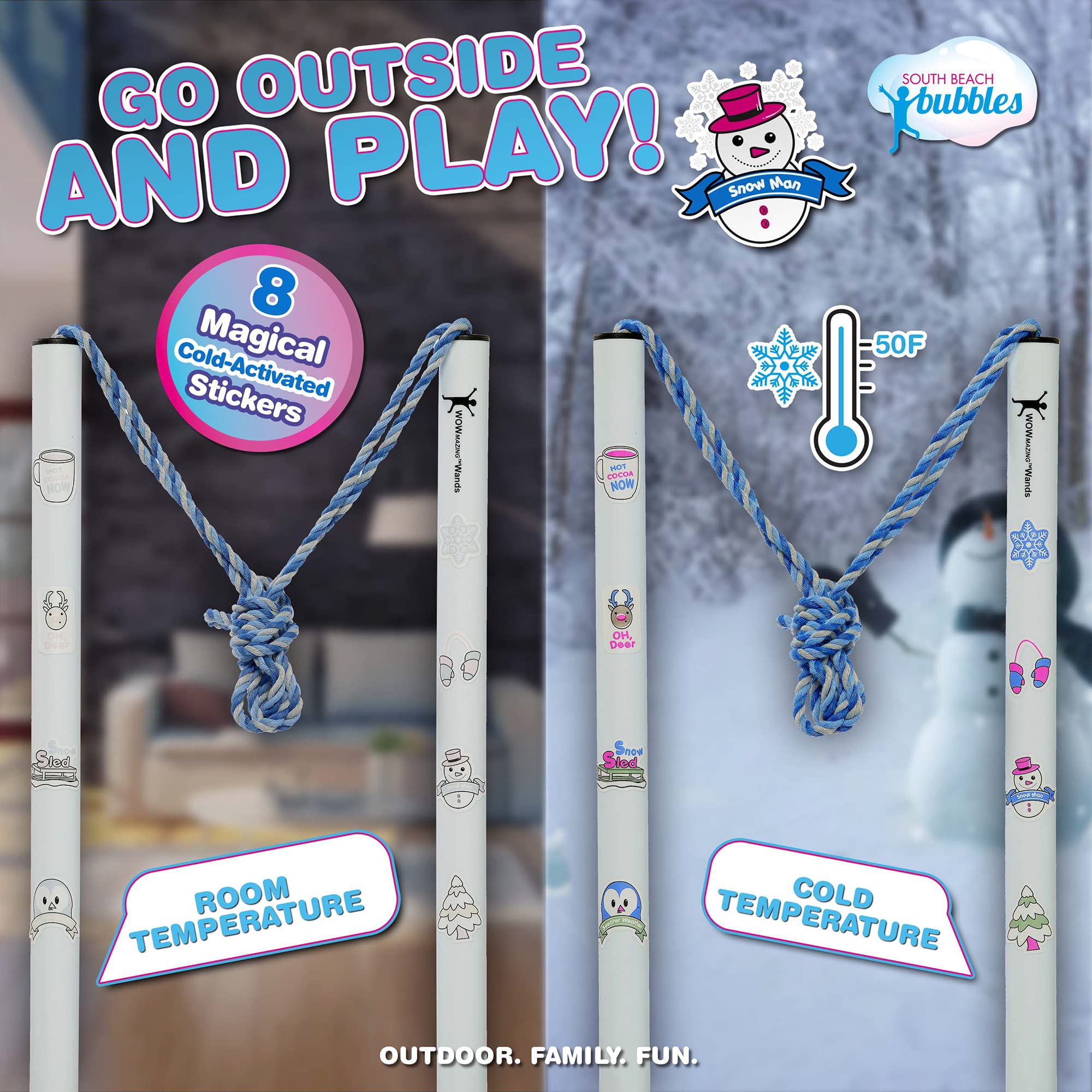 WOWMAZING Giant Bubble Kit Winter – 2 Handles, 8 Cold-Activated Stickers, USA Made Solution for Outdoor Fun