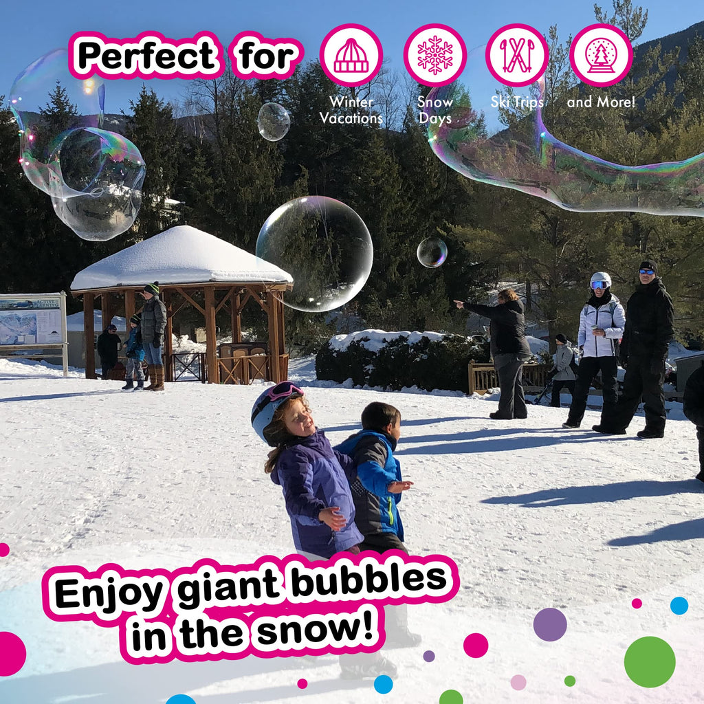 WOWMAZING Giant Bubble Kit Winter – 2 Handles, 8 Cold-Activated Stickers, USA Made Solution for Outdoor Fun