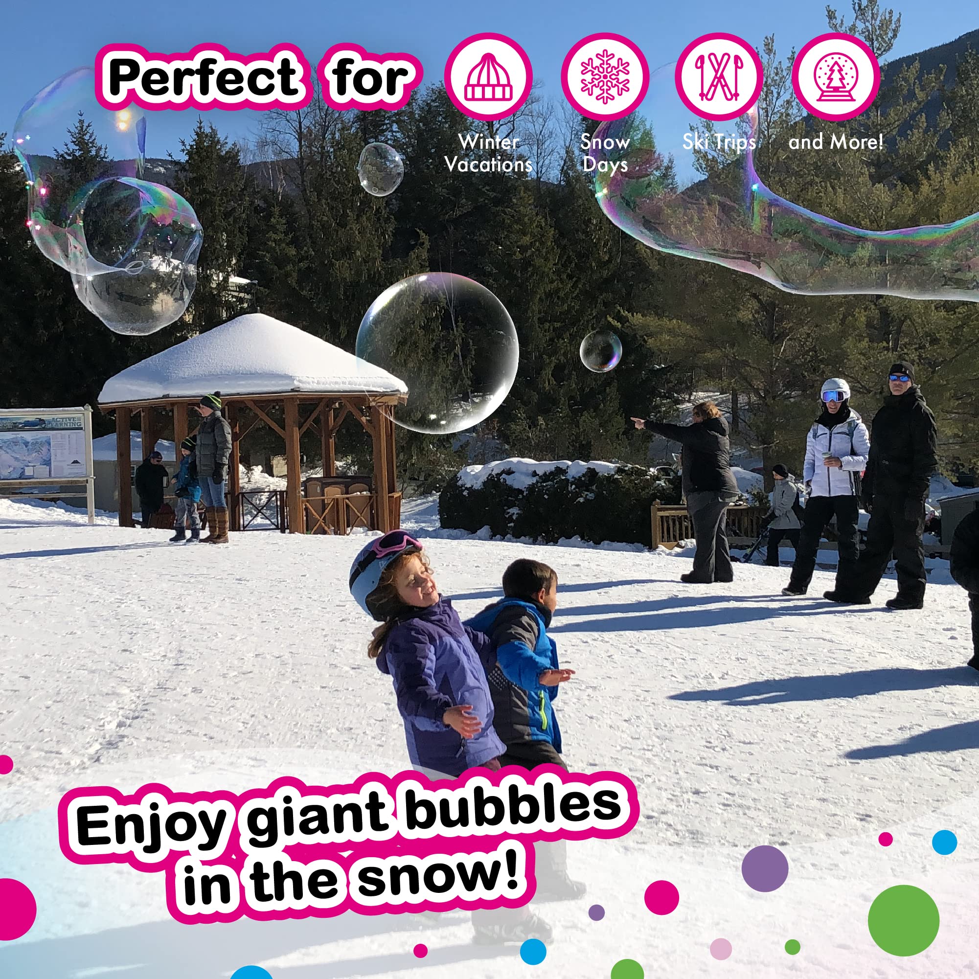 WOWMAZING Giant Bubble Kit Winter – 2 Handles, 8 Cold-Activated Stickers, USA Made Solution for Outdoor Fun
