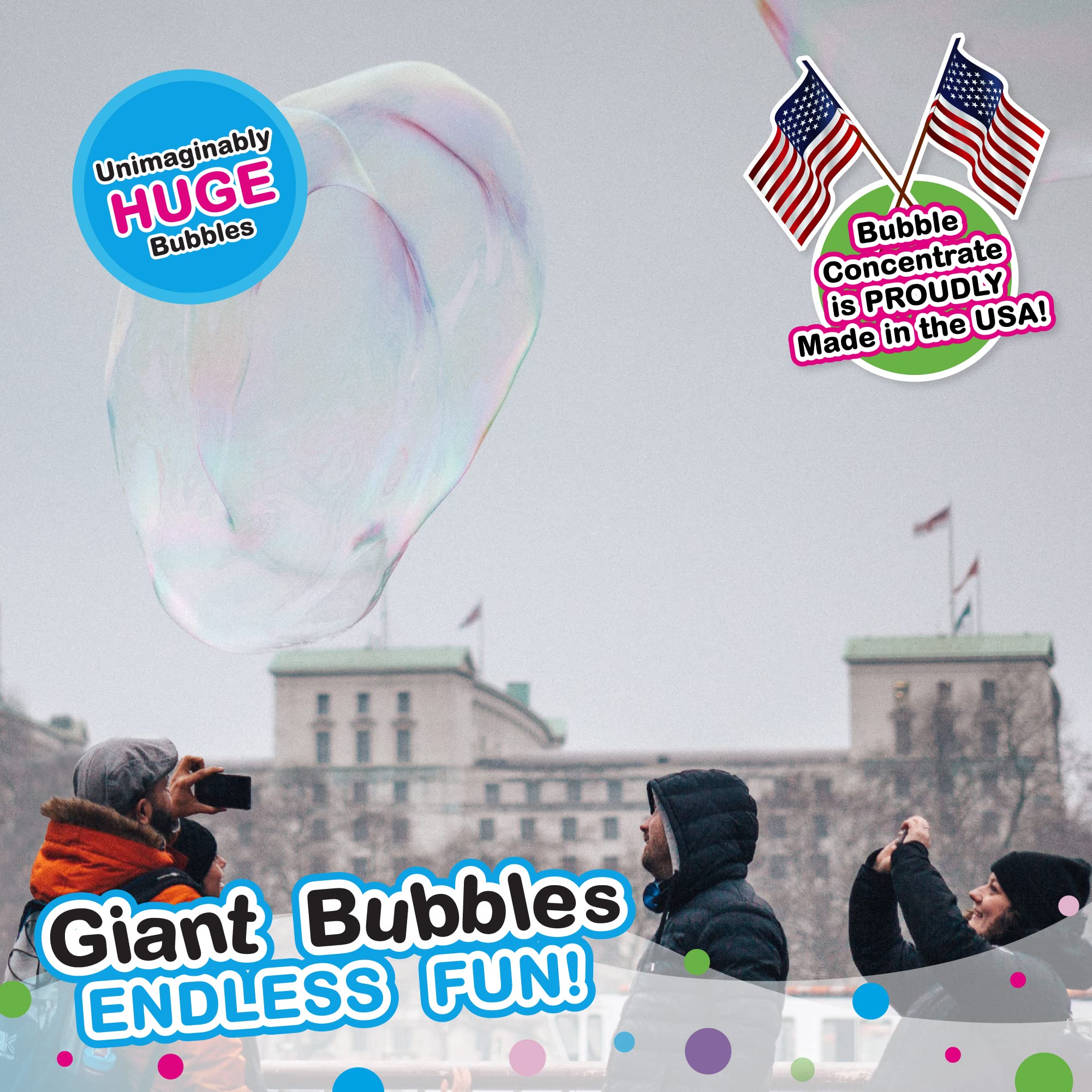 WOWMAZING Giant Bubble Kit Winter – 2 Handles, 8 Cold-Activated Stickers, USA Made Solution for Outdoor Fun
