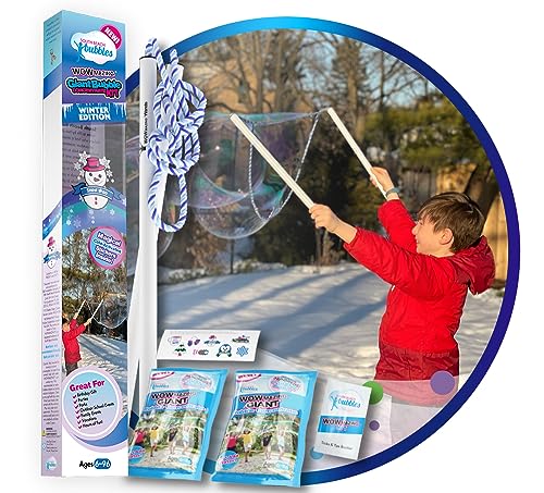 WOWMAZING Giant Bubble Kit Winter – 2 Handles, 8 Cold-Activated Stickers, USA Made Solution for Outdoor Fun