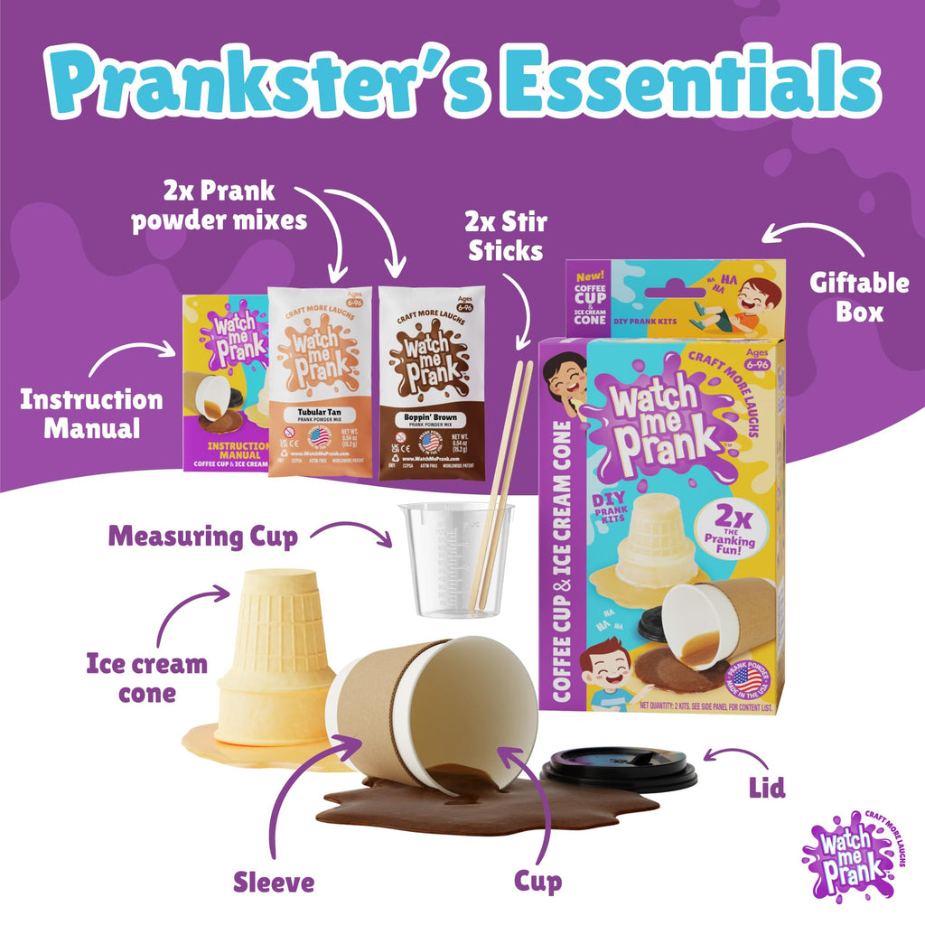 WOWMAZING WatchMePrank Ice Cream Cone & Coffee Cup Prank Kit – Realistic Spill Illusion Set for Kids & Adults