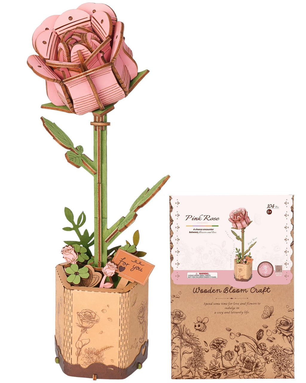 Wowood 3D Wooden Puzzle Pink Rose - 104-Piece DIY Flower Model Kit for Adults