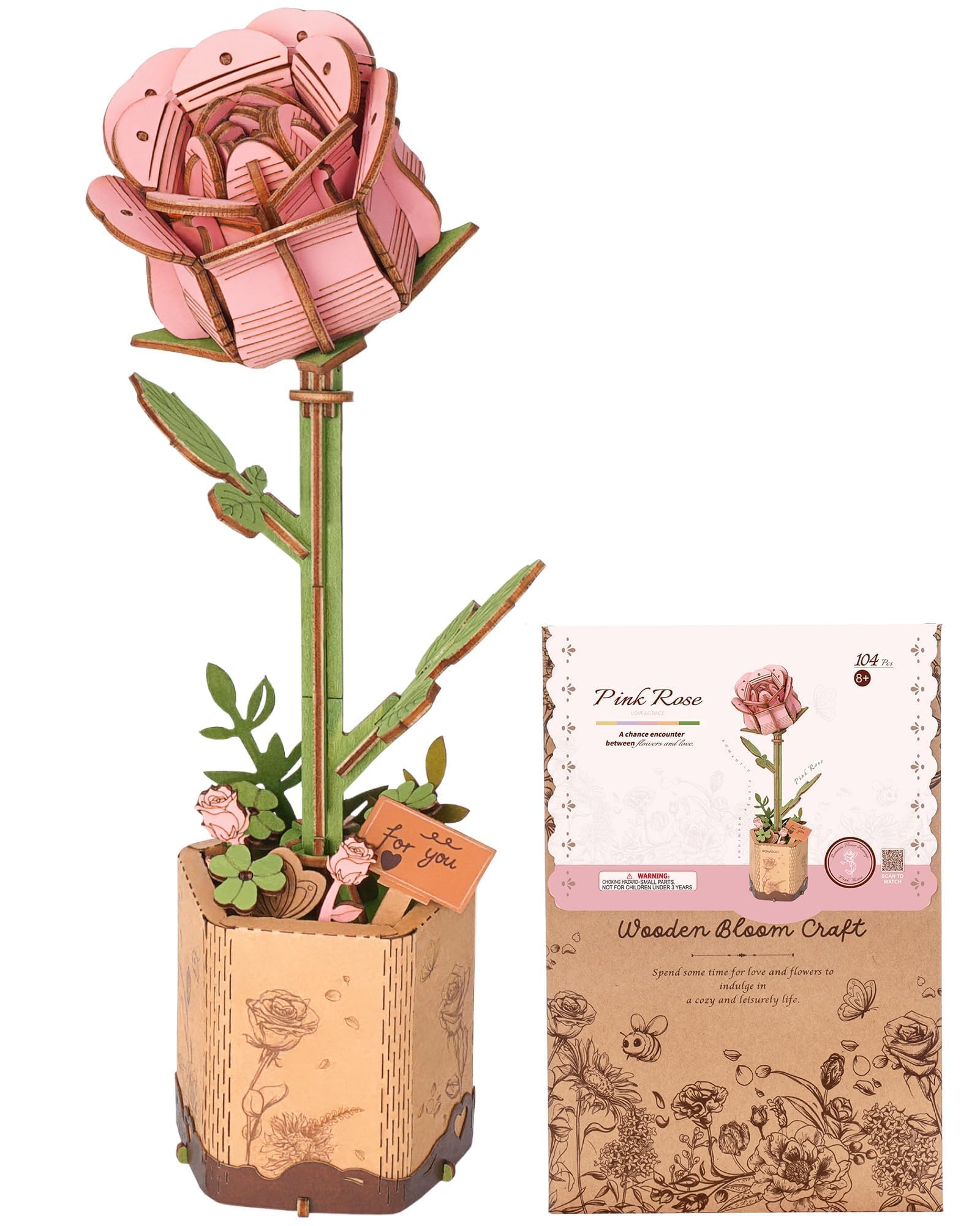 Wowood 3D Wooden Puzzle Pink Rose - 104-Piece DIY Flower Model Kit for Adults