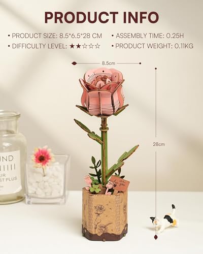 Wowood 3D Wooden Puzzle Pink Rose - 104-Piece DIY Flower Model Kit for Adults