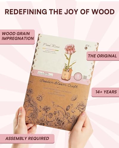 Wowood 3D Wooden Puzzle Pink Rose - 104-Piece DIY Flower Model Kit for Adults