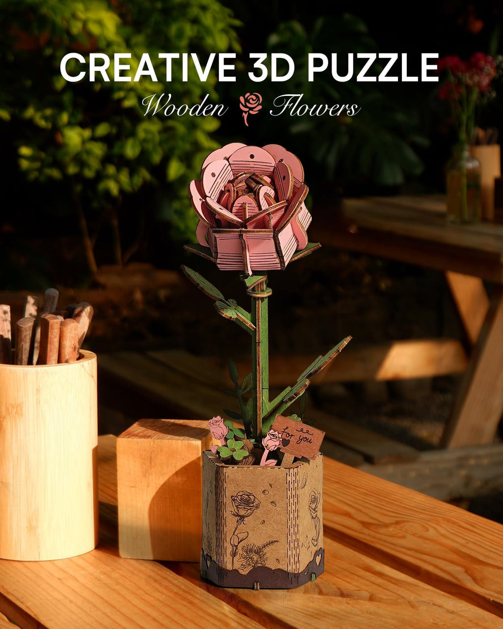 Wowood 3D Wooden Puzzle Pink Rose - 104-Piece DIY Flower Model Kit for Adults