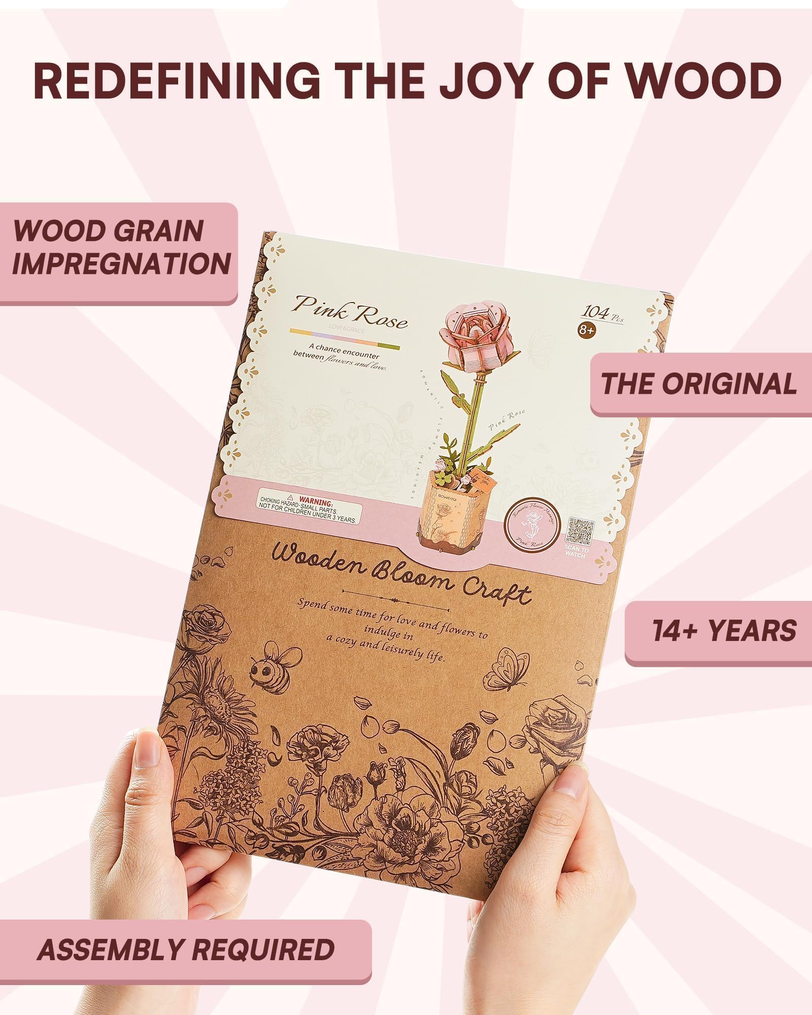 Wowood 3D Wooden Puzzle Pink Rose - 104-Piece DIY Flower Model Kit for Adults