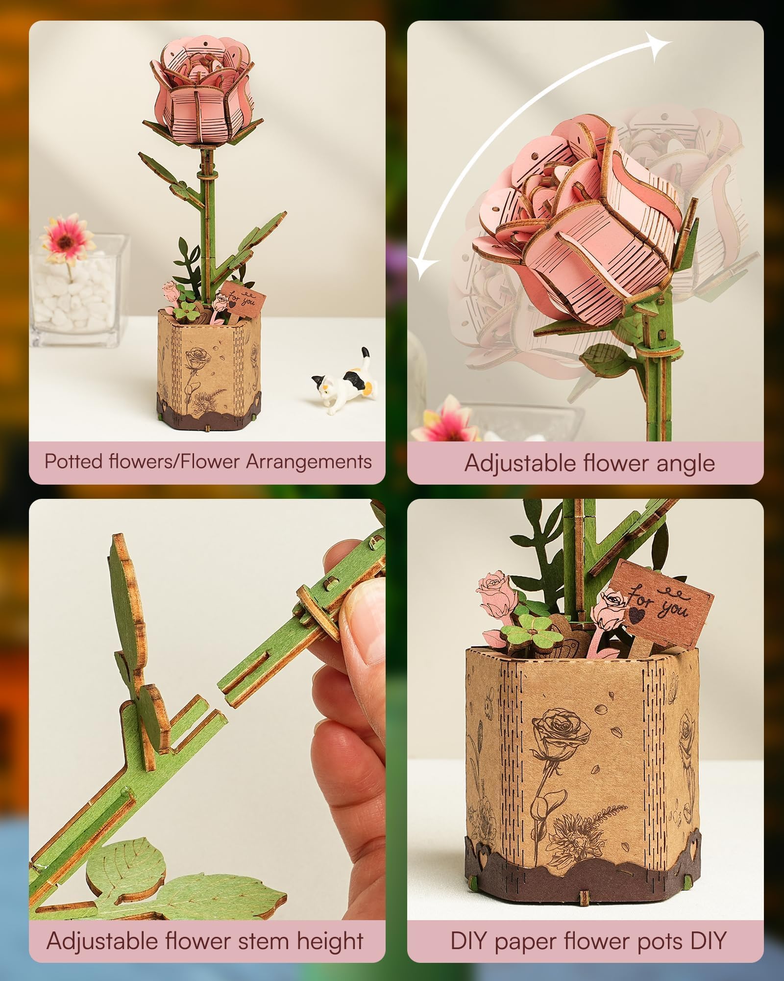 Wowood 3D Wooden Puzzle Pink Rose - 104-Piece DIY Flower Model Kit for Adults