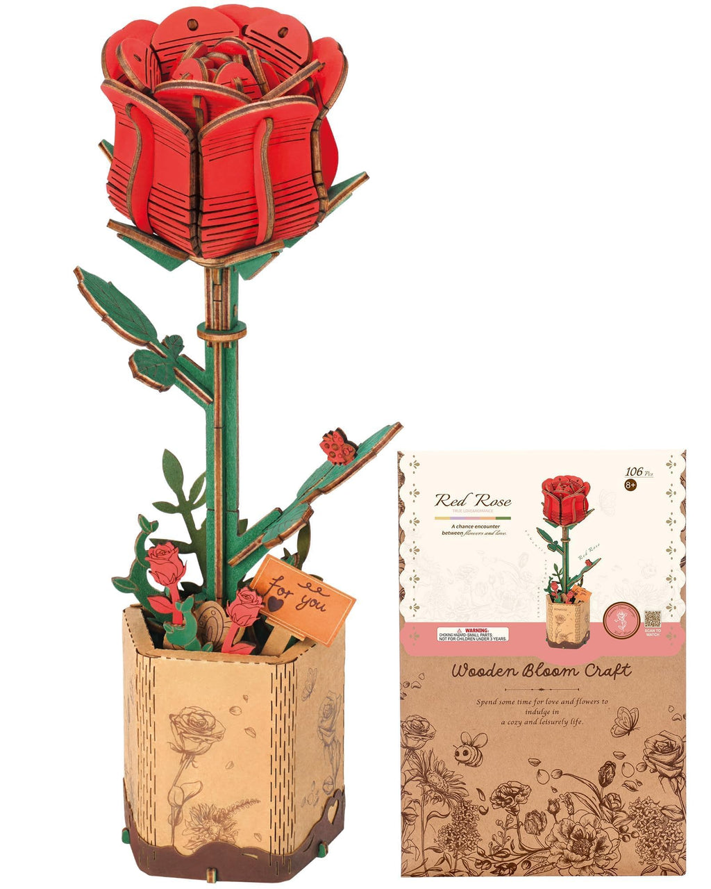 Wowood 3D Wooden Rose Puzzle – 106-Piece DIY Flower Model Kit for Adults