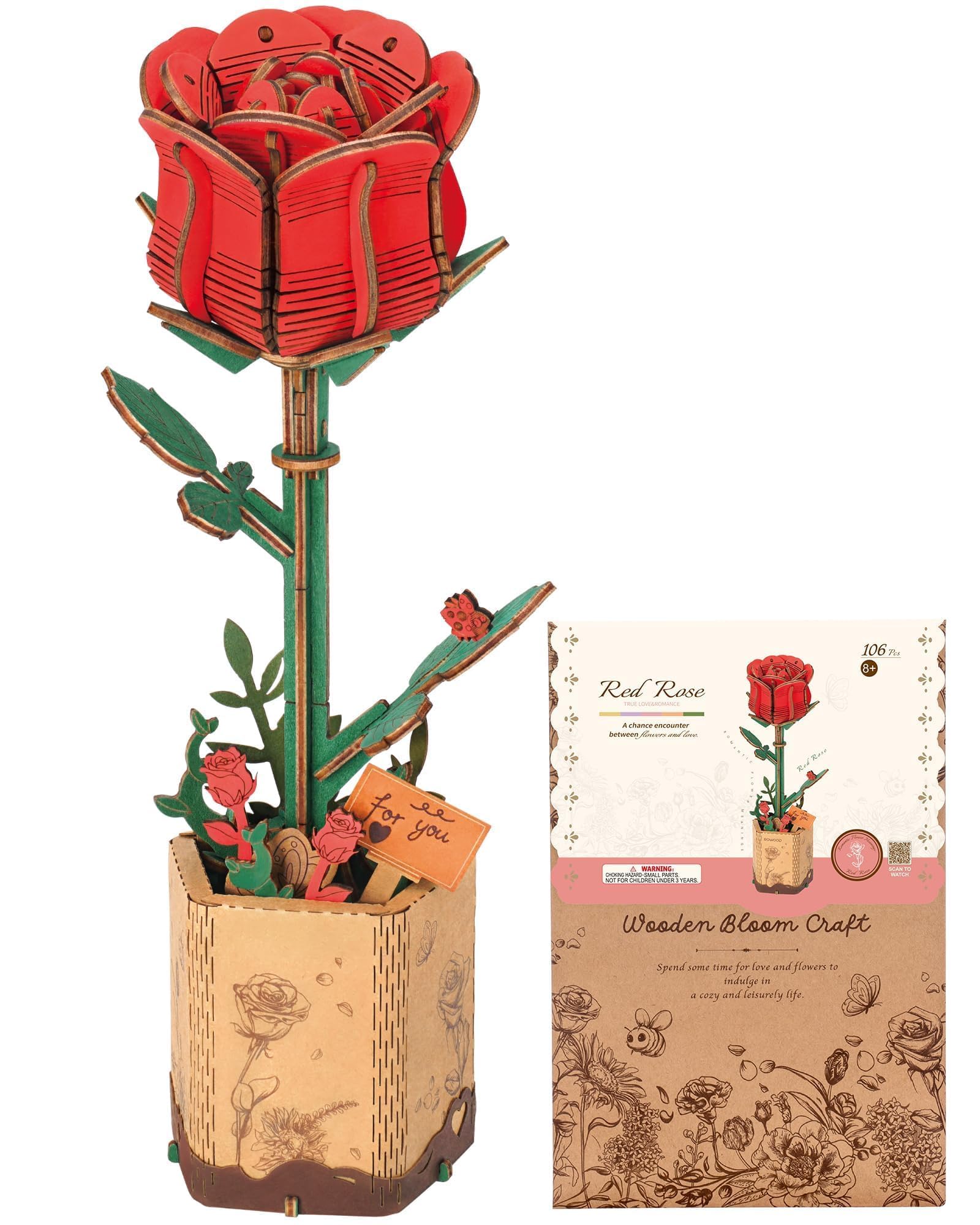 Wowood 3D Wooden Rose Puzzle – 106-Piece DIY Flower Model Kit for Adults