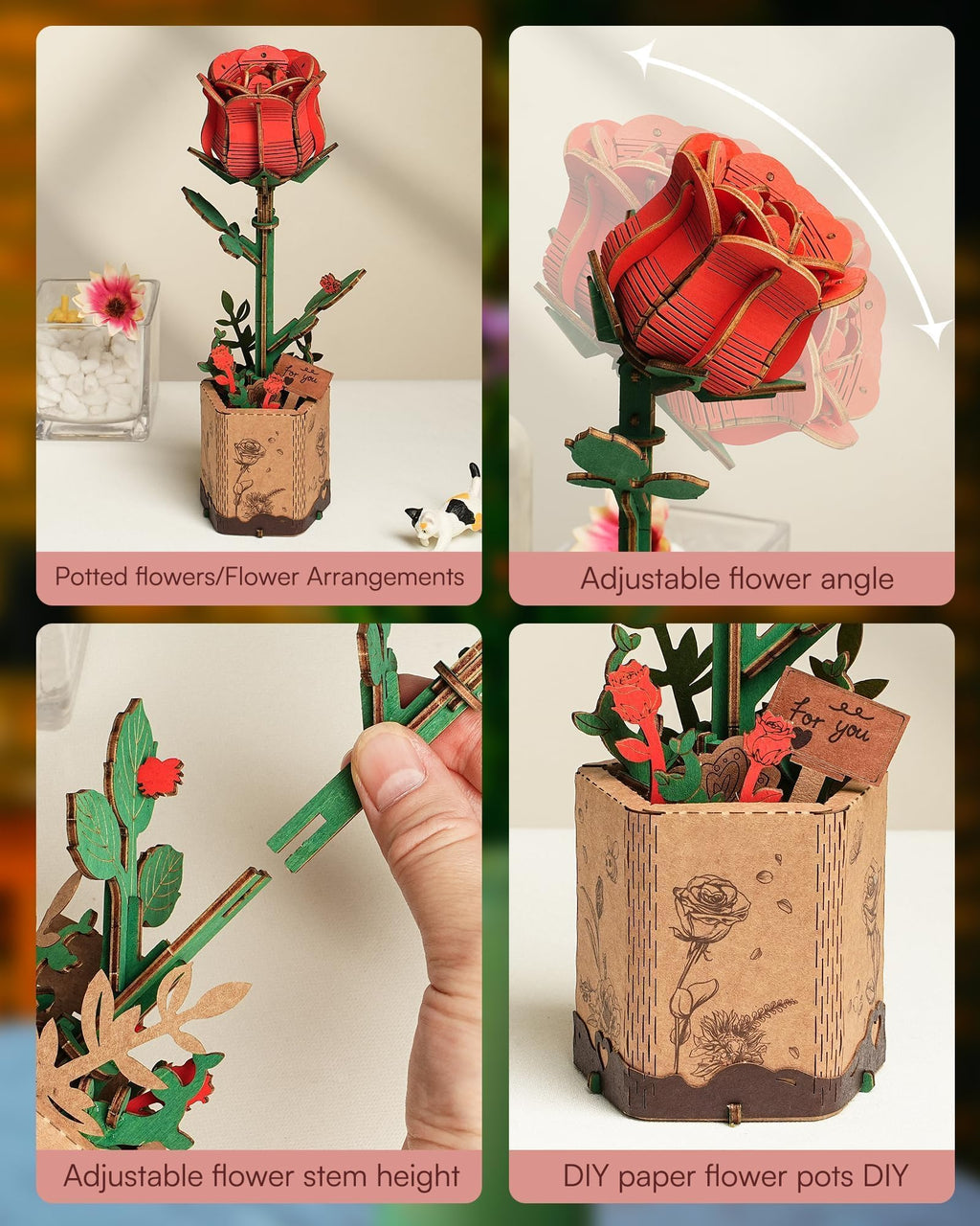 Wowood 3D Wooden Rose Puzzle – 106-Piece DIY Flower Model Kit for Adults