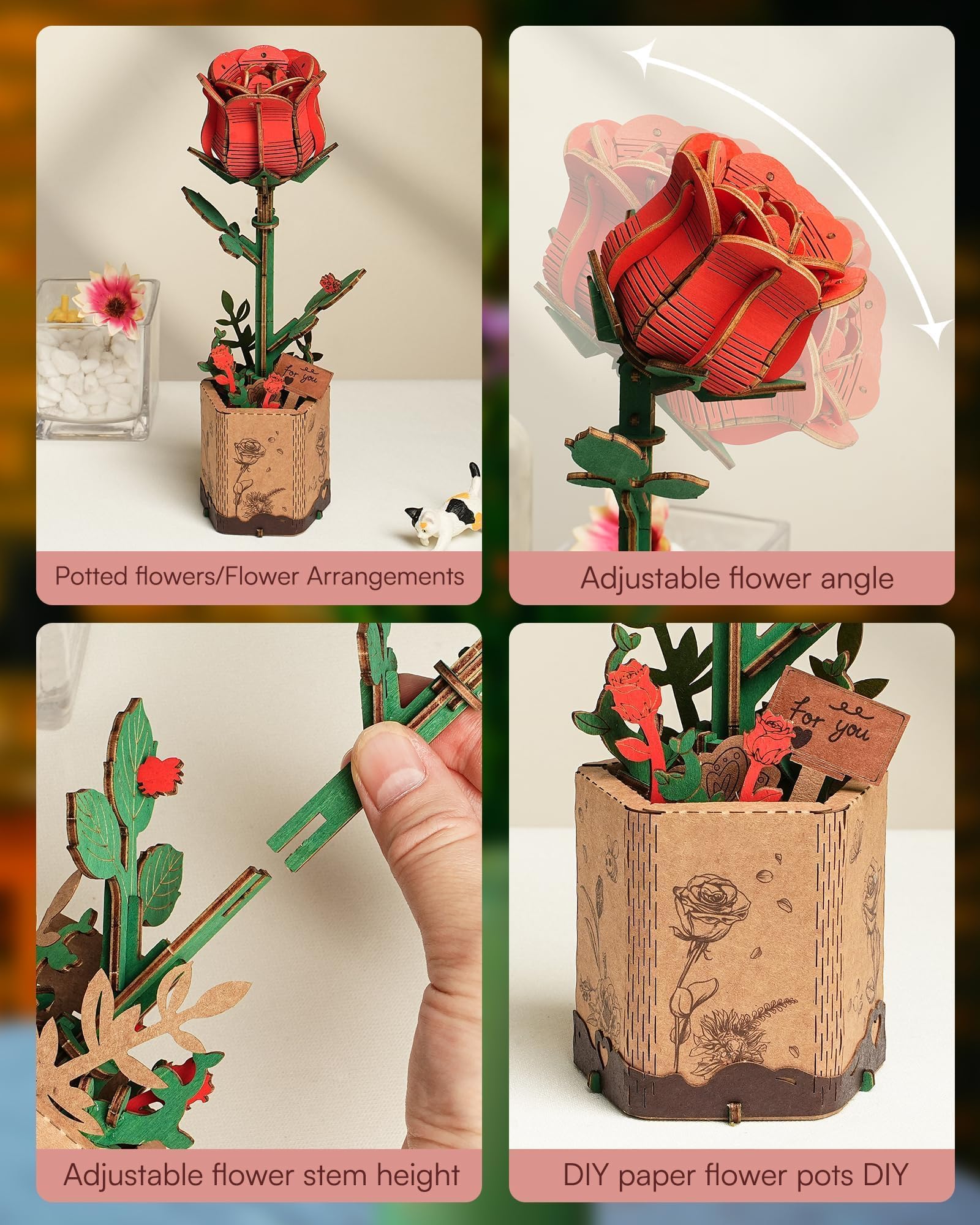Wowood 3D Wooden Rose Puzzle – 106-Piece DIY Flower Model Kit for Adults