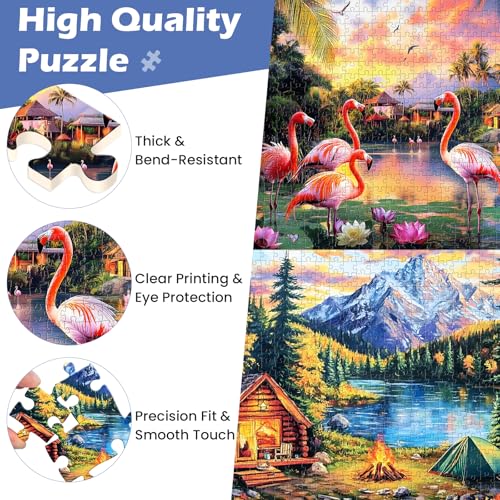 WSCXSC 2-Pack 500 Piece Jigsaw Puzzles for Adults – Flamingo Sunset & Snow Mountain Cabin Scenes with Posters