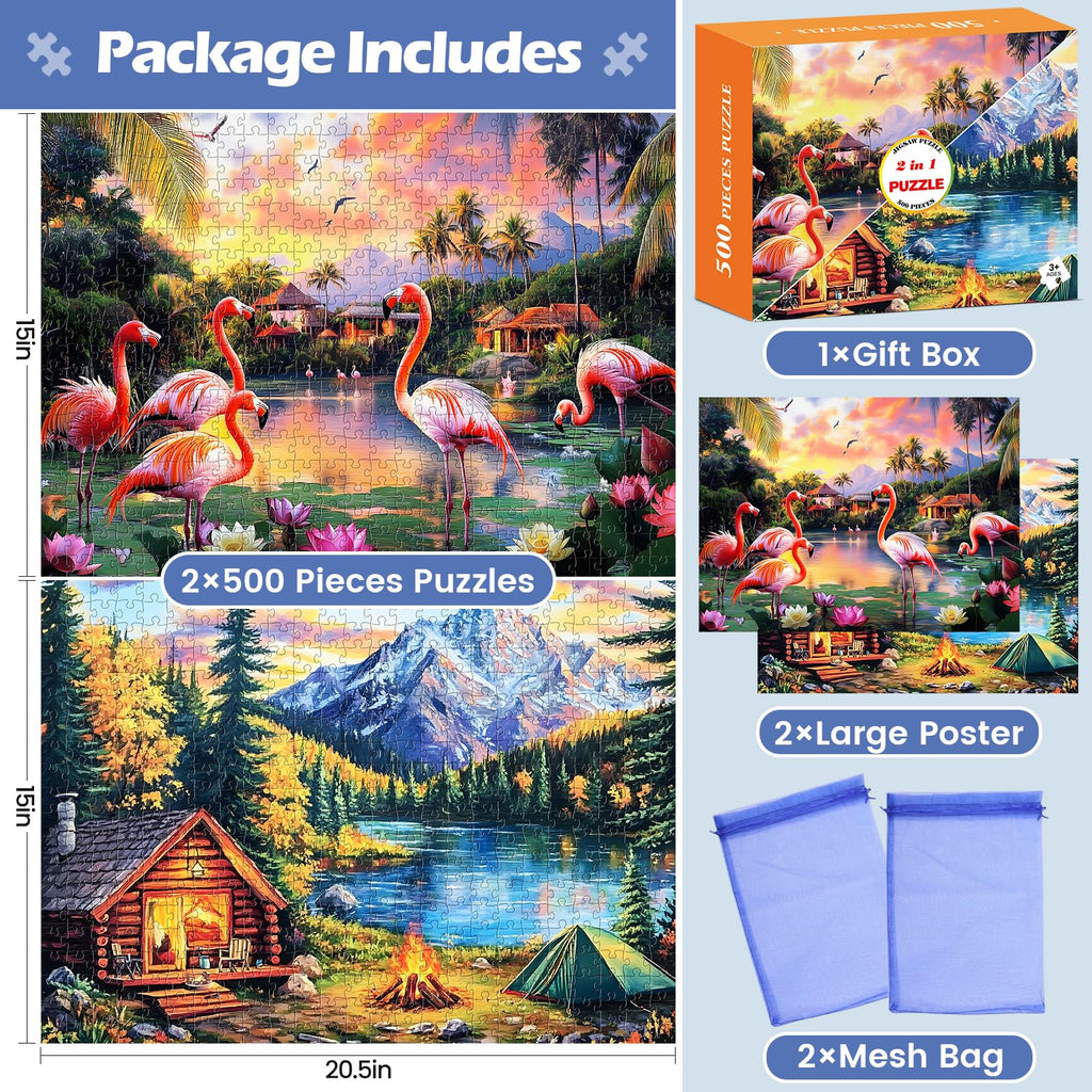 WSCXSC 2-Pack 500 Piece Jigsaw Puzzles for Adults – Flamingo Sunset & Snow Mountain Cabin Scenes with Posters