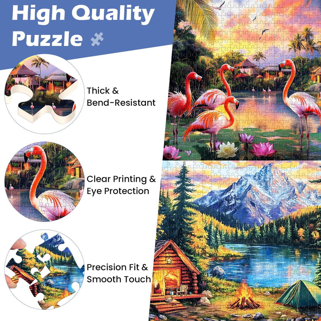 WSCXSC 2-Pack 500 Piece Jigsaw Puzzles for Adults – Flamingo Sunset & Snow Mountain Cabin Scenes with Posters