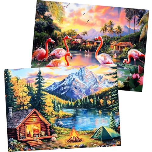 WSCXSC 2-Pack 500 Piece Jigsaw Puzzles for Adults – Flamingo Sunset & Snow Mountain Cabin Scenes with Posters